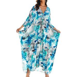 Women's Blue & Gray V-neck Batwing Sleeve Flowy Split Hem Bohemian Kaftan Dress